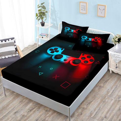 HOSIMA Gaming Bedding Set, Twin Size Gamepad Fitted Sheet and Gamer Bedding for Boys, 1 Fitted Sheet + 2 Pillowcases