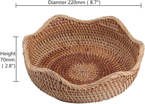Handmade Rattan Round Fruit Basket, Food Storage Bowls Kitchen Organizer Snack Serving Bowl (Small 8.7", Boho Home