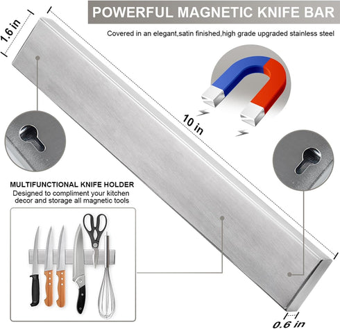 Ninolny 10 Inch Magnetic Knife Strip, Premium Stainless Steel Wall Mounted Kitchen Knives Bar,Space-Saving Powerful No Drilling Magnetic Knife Rack for Home Kitchen Utensil Holder & Tool Holder by Ninonly