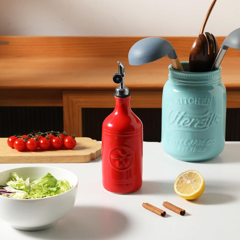 16 Oz 1 Pack(Red, Sweejar Ceramic Olive Oil Dispenser Bottle, Oil Dispenser for Kitchen with Gravity Spout, Relief