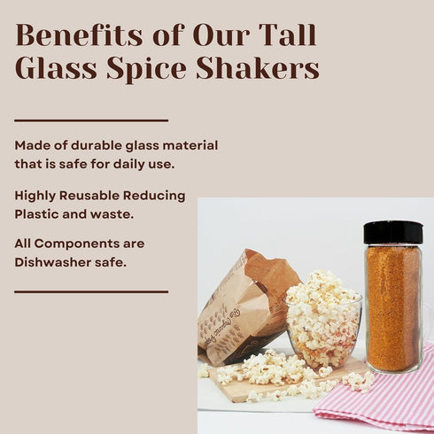 Premium Glass Spice Shakers - 16 oz Seasoning Dispenser with Sifting Lids for Popcorn, Cheese, Cinnamon, Salt, Made in