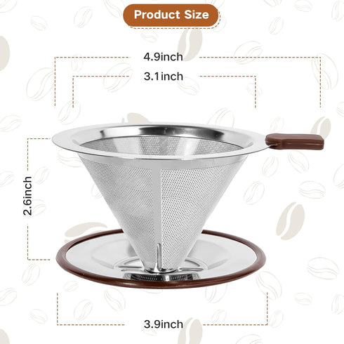 Pour Over Coffee Dripper - Reusable Stainless Steel Drip Cone Coffee Filter with Cup Stand, 1-2 Cup