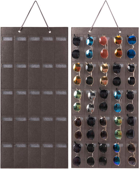 Sunglasses Organizer Storage, Hanging Eyeglasses Wall Pocket Mounted, 25 Slots, Black, Large