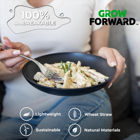Grow Forward Premium Wheat Straw Pasta Bowls Set of 6 - 30oz Unbreakable Wide & Shallow Dinner Plates - Midnight
