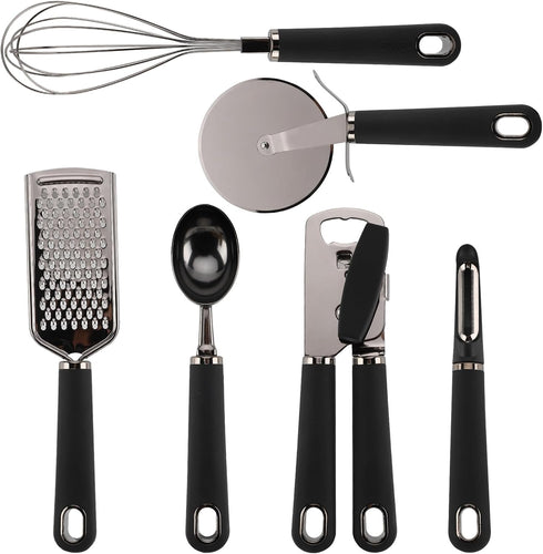 Country Kitchen 6 Pc Essentials Kitchen Stainless Steel Gadget Set - Black Gun Metal with Soft Touch Handles