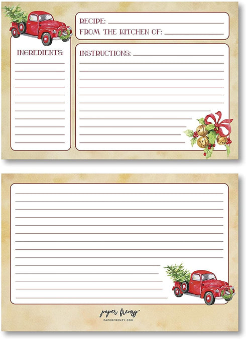 Paper Frenzy Nostalgic Red Truck with Tree Holiday Recipe Cards, 25 Pack Double-Sided