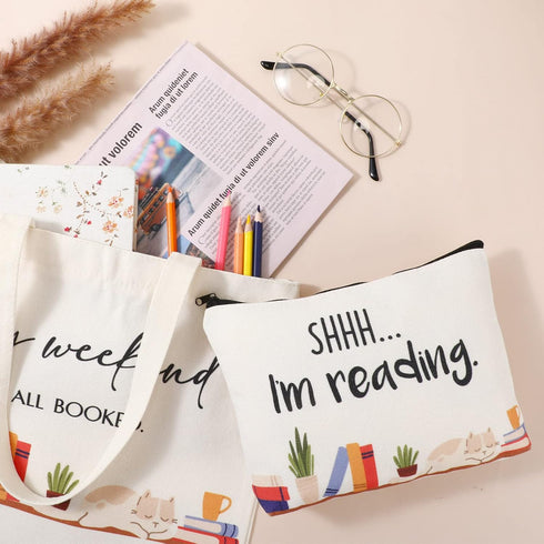 Sieral 2 Pcs Book Lovers Gifts Bookshelf Tote Bag Makeup Reading Canvas Bag Reusable Book Tote Bag Cosmetic Pencil