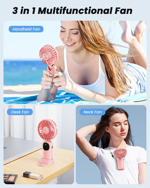 Portable Handheld Fan, 4000mAh Battery Operated Fan with LED Display, Handheld/Neck/Desk 3 in 1 Personal Small Fan, 90° Foldable Desk Fan with Base, 5 Speed Lash Fan Makeup Fan for Women by coldSky