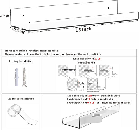 4 Pack Adhesive,15 Inch Clear Acrylic Shelves for Wall with No Drill Floating Shelves for Bathroom,Bedroom,Renter