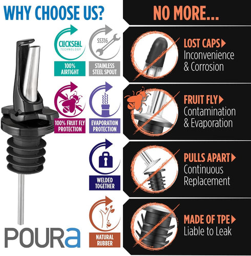 3-in-1 Liquor Pour Spout - Olive Oil Spout with Built-in Caps, Dishwasher Safe, Black 2 PCs