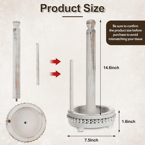 Farmhouse Paper Towel Holders Washed Beaded Wood Paper Towel Stand Rustic Pedestal Standing Paper Towel Roll Dispenser Rack for Kitchen Bathroom Dining Toilet Countertop Decor (White, 14.6 x 7.5 in)
