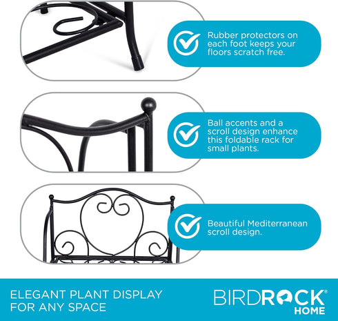 2-Tier BIRDROCK HOME Metal Tiny Plant Stand Shelf - Decorative Mediterranean Scroll Design - Lightweight Folding