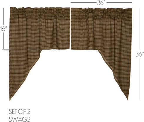 Tea Cabin Green Plaid Rod Pocket Cotton Kitchen Window Curtains, 36"x36"x16", Swag Pair