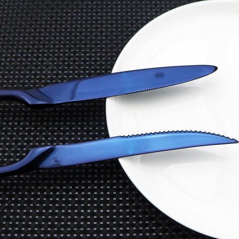 Flatware Set - 18/10 Stainless Steel Mirror Polished Blue Cutlery, 6 Piece Service for 1