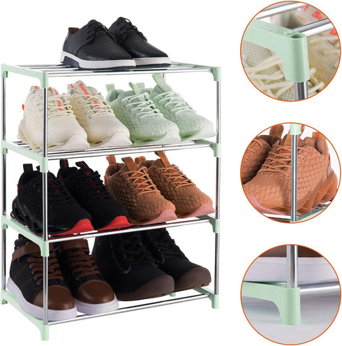 4-Tier Small Shoe Rack, Stackable Lightweight Shoe Shelf Storage Organizer for Entryway, Hallway, Closet (Green)