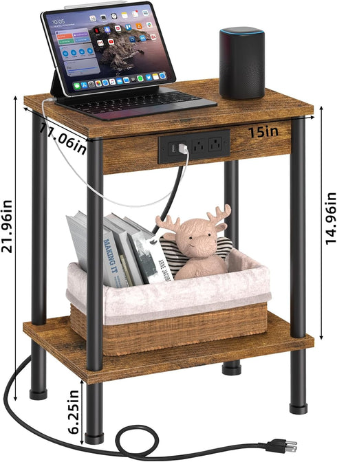 Table,2-Tier YUFAM End Table with Charging Station,Small Side Nightstand with Storage Shelf,Sofa Bedside Table