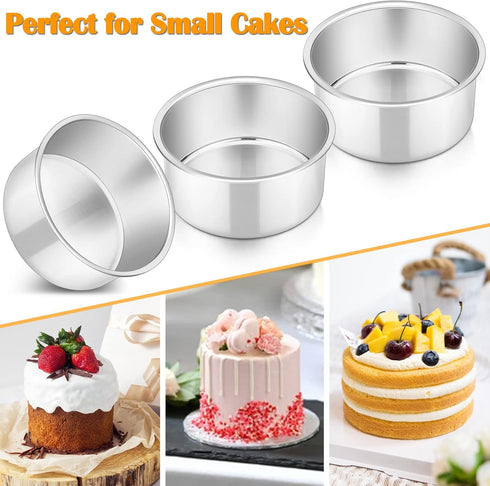 P&P CHEF 4 Inch Round Cake Pan Set - 3 Stainless Steel Round Baking Layer Pans for Layer Birthday Cake, Dishwasher Safe