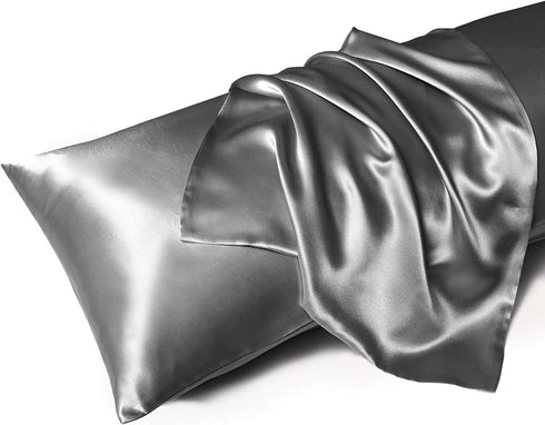 MR&HM Satin Body Pillow Cover | Soft Breathable Case with Envelope Closure | Cooling Long Pillowcase, Grey