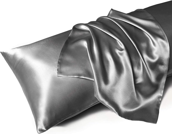 MR&HM Satin Body Pillow Cover | Soft Breathable Case with Envelope Closure | Cooling Long Pillowcase, Grey