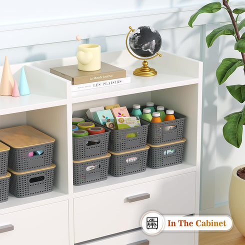 Plastic Storage Baskets with Bamboo Lid, Stackable Storage Bins for Organizing Shelves, 6 Pack, Gray