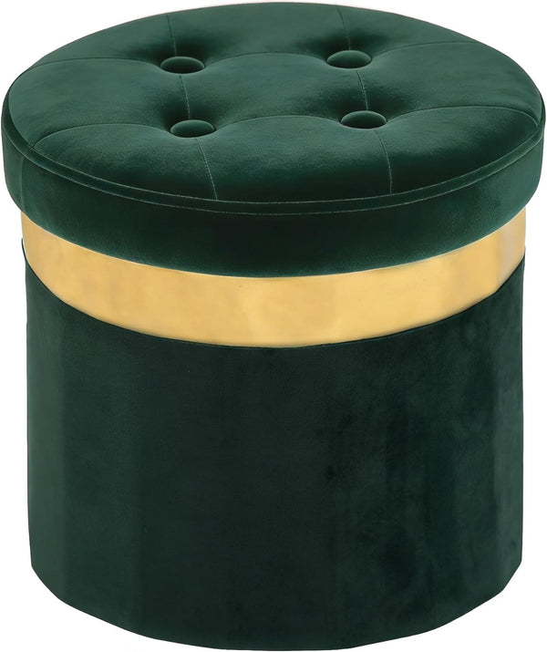 xuperbonus Small Ottoman with Storage,Folding Round Ottoman with Gold Trim,Velvet Storage Stool,Foot