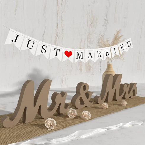 VIOPVERY Mr and Mrs Sign & Just Married Banner, Large Wooden Letters for Wedding Table, Photo Props for Anniversary