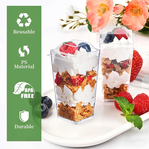 50 Pack 3 oz TOFLEN Square Mini Dessert Cups with Lids and Spoons Clear Plastic Dessert Shooter Cups for for Party