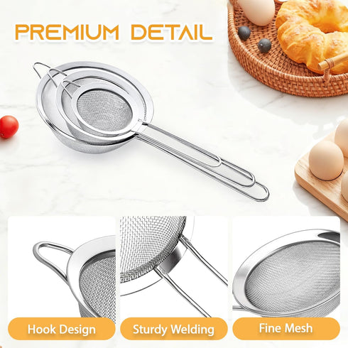 BLIGKO 3Pcs Set, Fine Mesh Strainer with Handle, Small Medium Large Size Sieve Strainers Stainless Steel Sifter