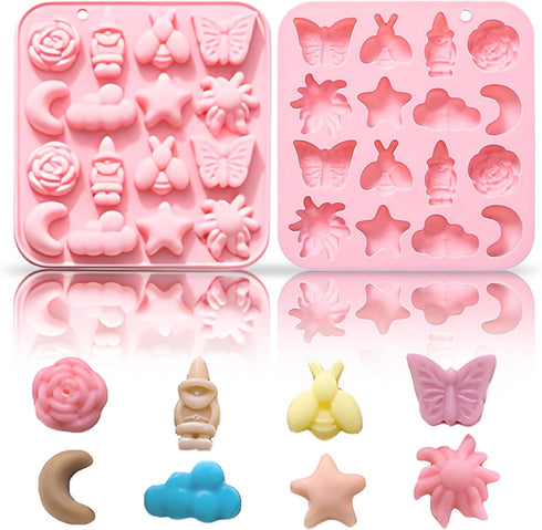 Pastoral Style Silicone Chocolate Mold, 16 Cavity Butterfly Bee Flower Moon Star Cloud for Candy, Jelly, Cake Decoration