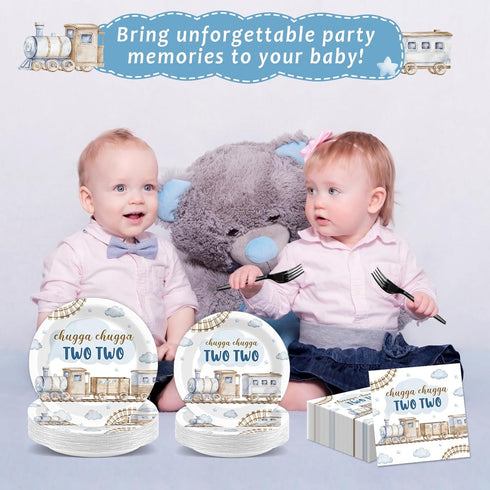 96Pcs 2nd 2 Set 24 Chugga Chugga Two Two Birthday Party Supplies Watercolor Train Year Old Paper Plates and Napkins