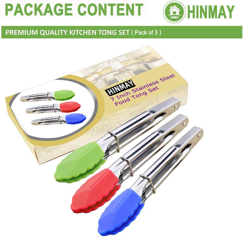 Set of 3 Mini Tongs 7-Inch Serving Tongs with Silicone Tips (Green Red Blue)