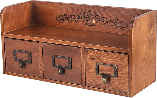 Vintage Farmhouse Wooden Desktop Cabinet, 3 Drawers, Mahogany Wood Organizer for Office Study