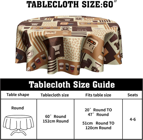 Granbey 60 Inch Classic Coffee Themed Table Cloth - Mocha Latte Milk Round Tablecloth Beige Brown Table Cover