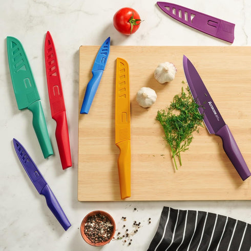 Astercook 12 Pcs Color-Coded Kitchen Knife Set, 6 Anti-Rust Coating Stainless Steel Chef Knives