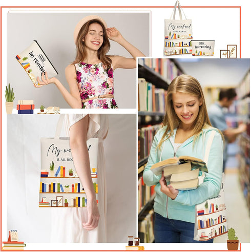 Sieral 2 Pcs Book Lovers Gifts Bookshelf Tote Bag Makeup Reading Canvas Bag Reusable Book Tote Bag Cosmetic Pencil