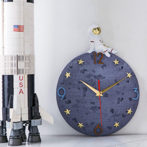 12 Inch Space Theme Wall Clock, Astronaut Moon Wall Clock, Grey Modern Silent Clock for Kids Room Nursery Living Room