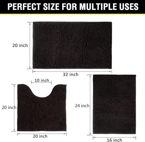 Bathroom Rugs Chenille 3-Piece - Extra Soft Absorbent Shag Bathroom Mats, Machine Wash Non-Slip (Coffee)