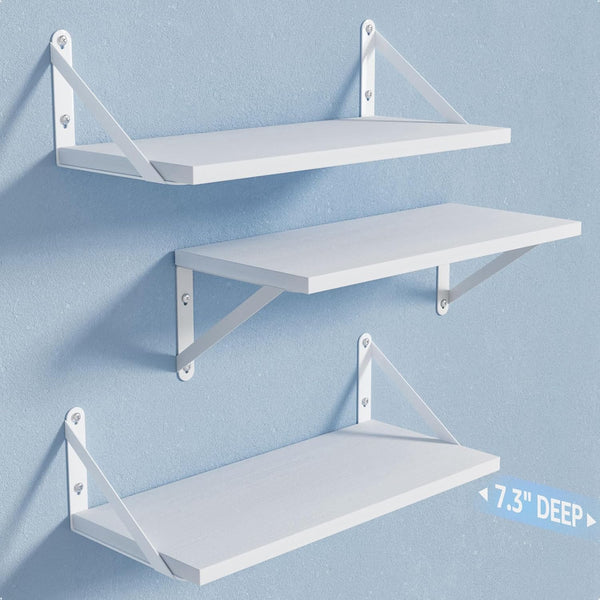 COCOYA Wall Shelves 7.3" Deep Set of 3, Solid Paulownia Wood Wider Longer