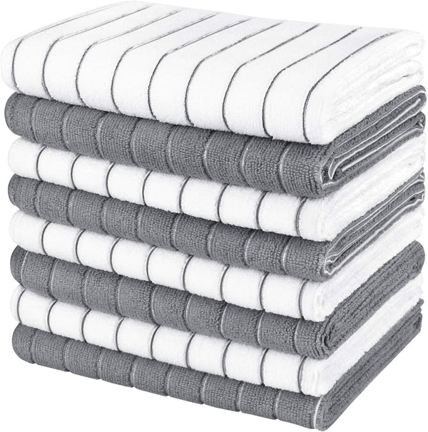 AIDEA Microfiber Kitchen Towels, 8 Pack, 18”x26”, Super Soft and Absorbent Dish Towels for Kitchen, Home (Grey/White)