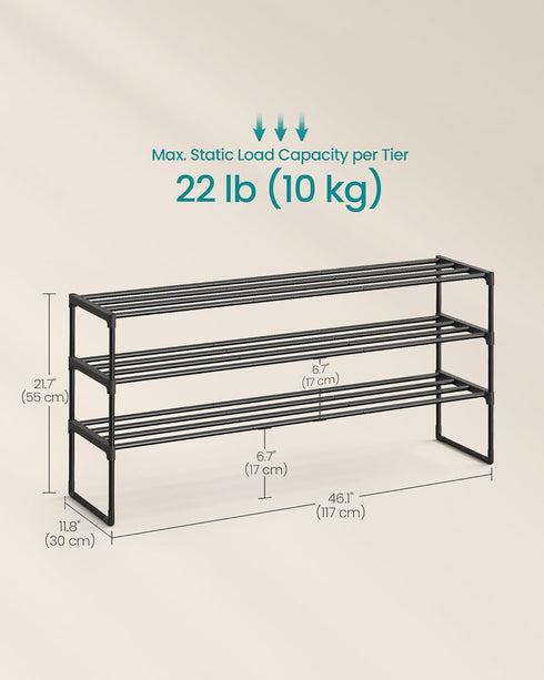 3-Tier 20-24 11.8 46.1 21.7 Inches, ULSA033B01 SONGMICS Shoe Rack, Shoe Organizer, Metal Storage Shelf, Upright