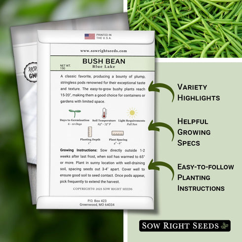 Packet (3) Sow Right Seeds - Blue Lake Bush Bean Seeds for Planting - Non-GMO Heirloom with Instructions to Plant an