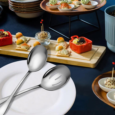 Large Stainless Steel Serving Utensils Set, 6 Pcs with 10" Serving Spoon, Slotted Spoons, Serving Forks, Dishwasher Safe