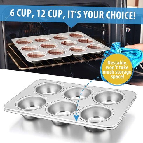 E-far Muffin Pan Set of 2, Stainless Steel 6-Cup Baking Tray, Non-toxic & Healthy, Oven & Dishwasher Safe