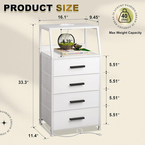 4 Nightstand Drawer Dresser with Charging Station, Side Table with Fabric Drawers, End Table with Open Shelf, Bedside