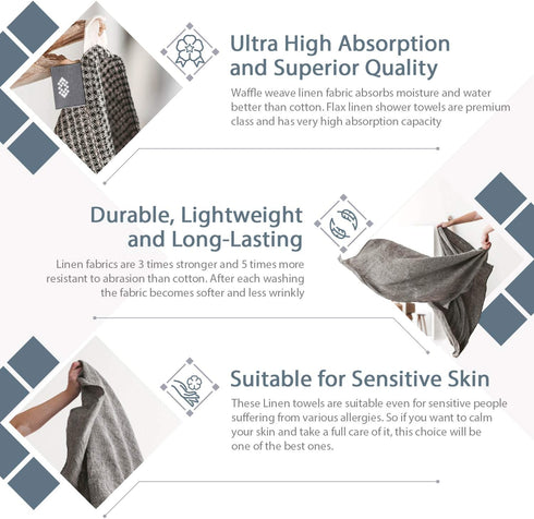 Pure 100% Linen Hand Towels - Set of 2 Waffle Weave Kitchen Towels, Black-Natural, 13 x 29-inch Quick-Dry Dish Towels