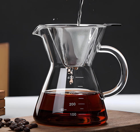 Pour Over Coffee Maker with Reusable Stainless Steel Drip Filter, Lead-Free Borosilicate Glass Carafe (400ml/13.5oz)