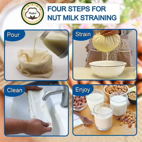 Huppar 6 Pack 16"x16" 100% Nut Milk Bag for Straining, Unbleached Cotton Cloth, Reusable Cheesecloth, Strainer
