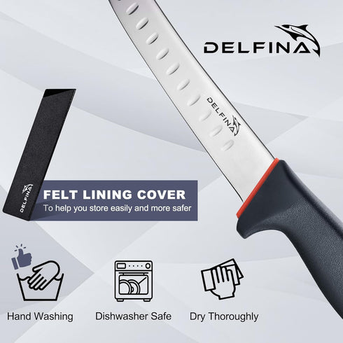 DELFINA Curved Breaking Knife 8 inch with Sheath & SoftGrip Handle, Butcher Knife for Meat Cutting, High Carbon
