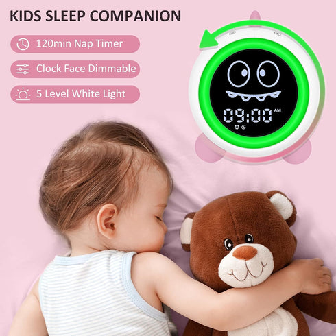 Kids Alarm Clock, Toddler Sleep Training Clock with Night Lights, Sound Machine, Time to Wake Dinosaur Alarm Clock