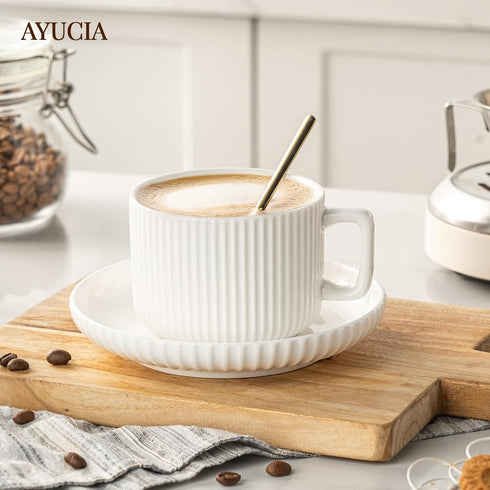 8 Set 4, Ounce Cappuccino Cups of Latte Mugs with Saucers and Spoons, White Cream Ceramic Coffee Mugs Tea Cups